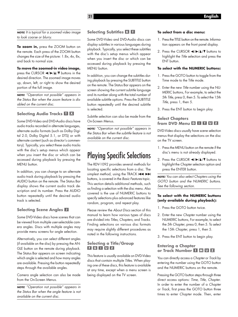 Playing speciﬁc selections | ROTEL DVD Audio/Video Player RDV-1092 User Manual | Page 21 / 32