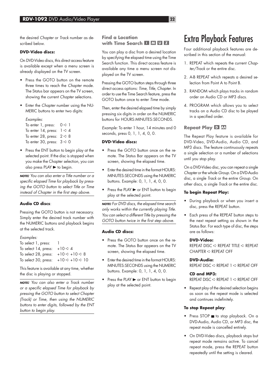 Extra playback features | ROTEL DVD Audio/Video Player RDV-1092 User Manual | Page 22 / 32