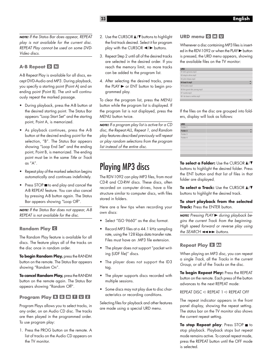 Playing mp3 discs | ROTEL DVD Audio/Video Player RDV-1092 User Manual | Page 23 / 32