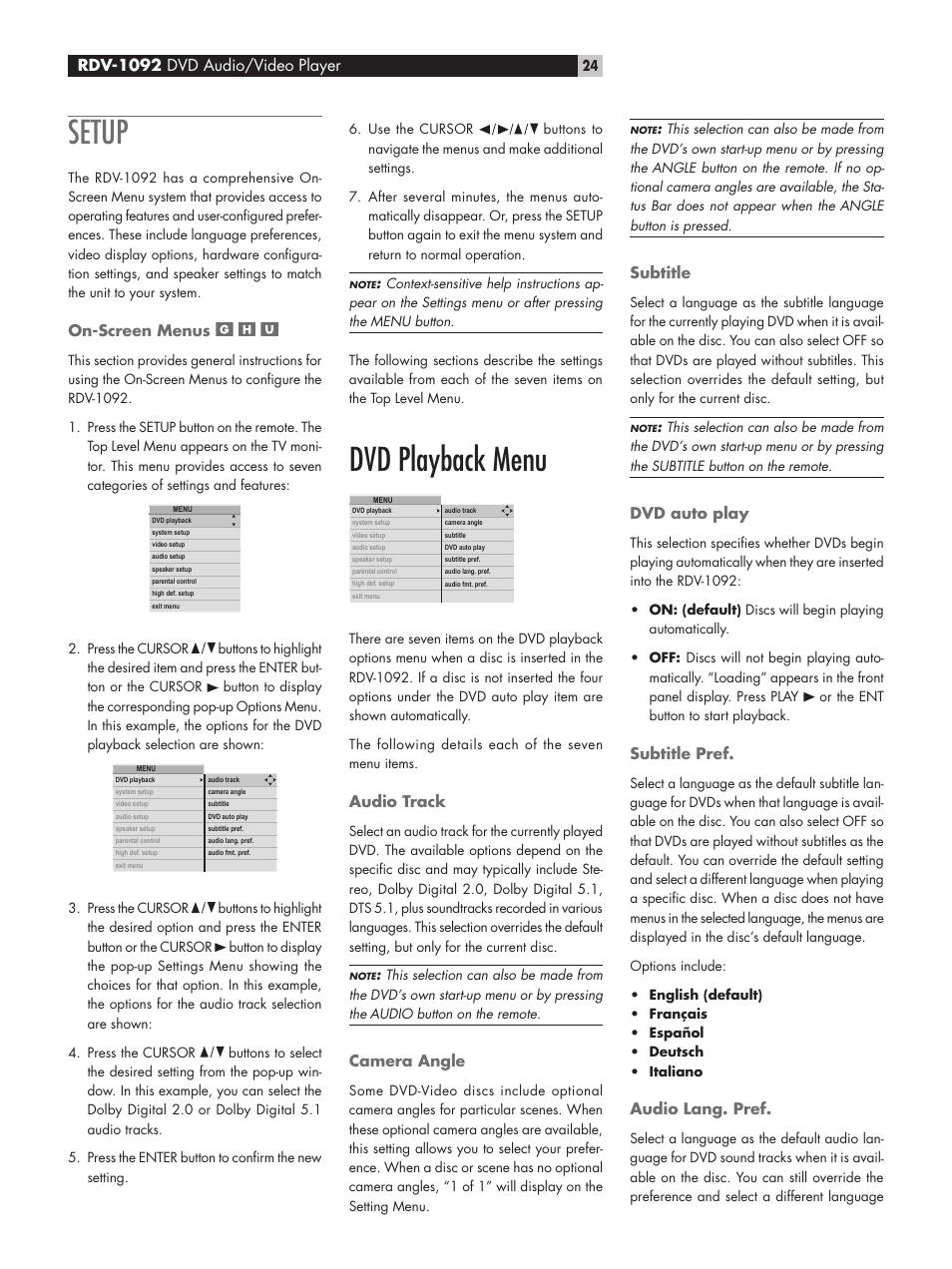 Setup, Dvd playback menu, Rdv-1092 | Rdv-1092 dvd audio/video player | ROTEL DVD Audio/Video Player RDV-1092 User Manual | Page 24 / 32