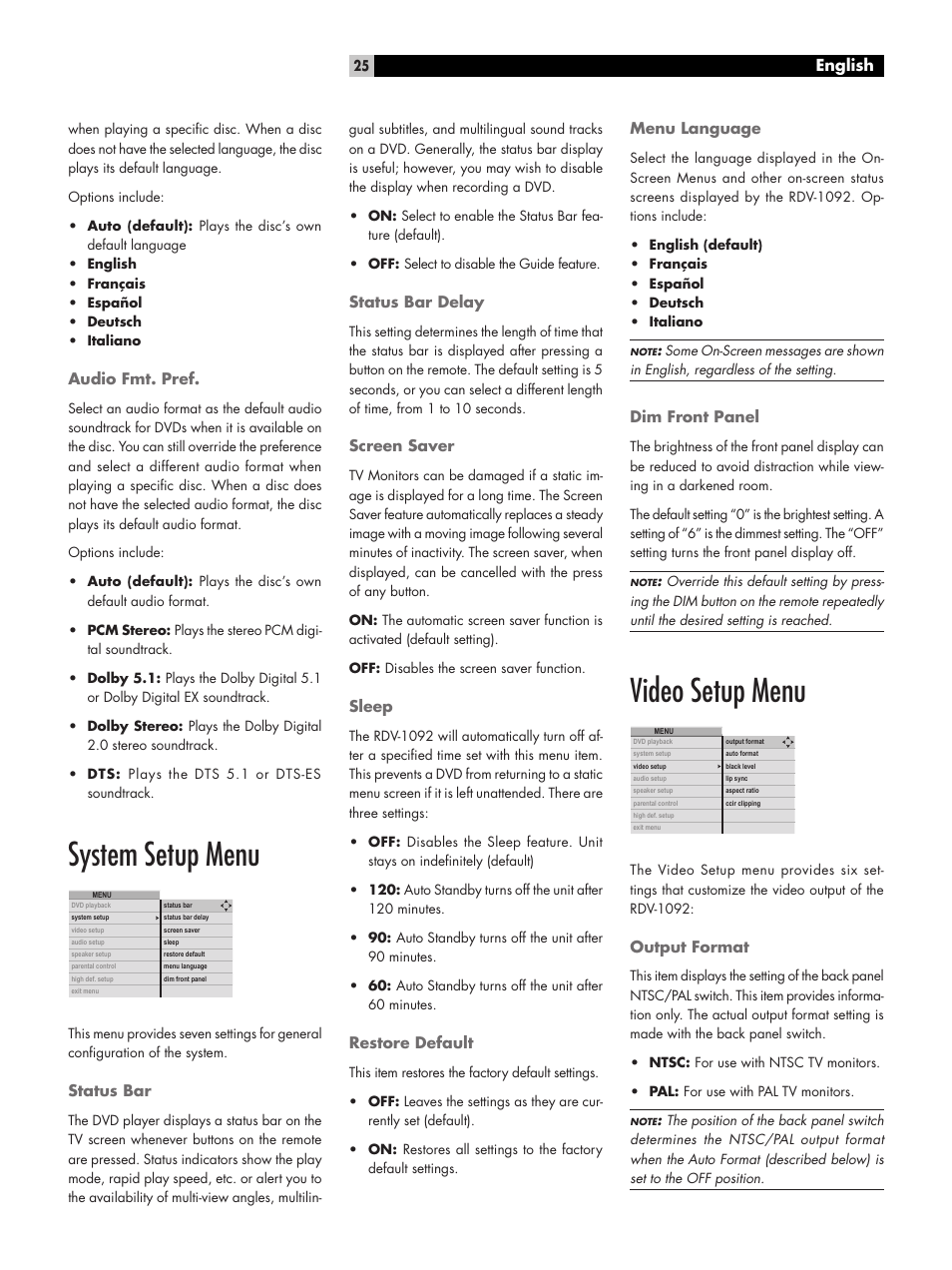 System setup menu, Video setup menu, English | ROTEL DVD Audio/Video Player RDV-1092 User Manual | Page 25 / 32