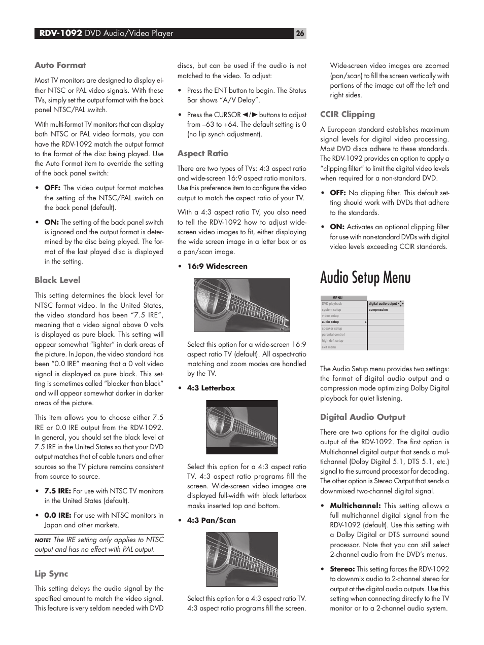 Audio setup menu | ROTEL DVD Audio/Video Player RDV-1092 User Manual | Page 26 / 32