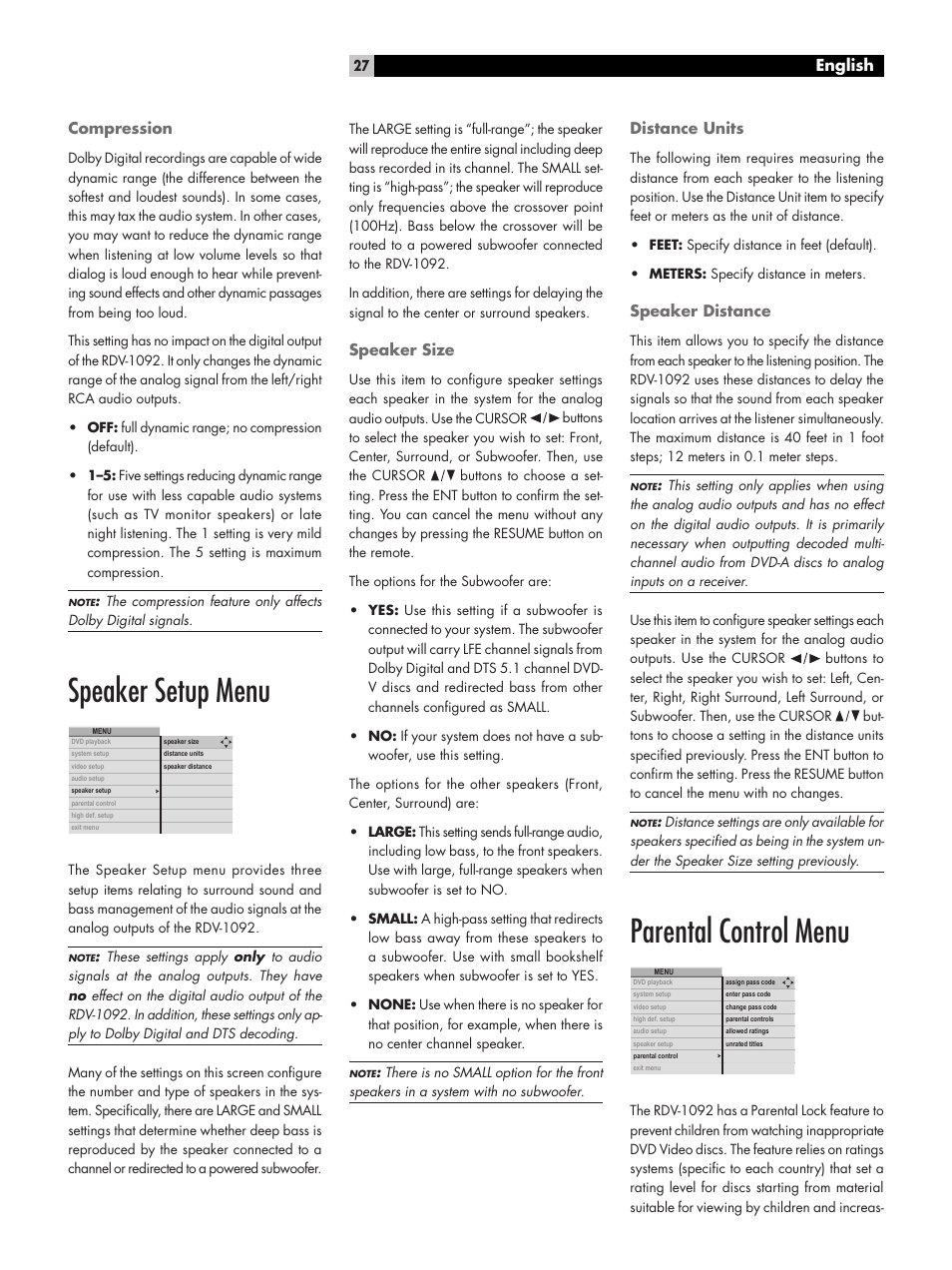 Speaker setup menu, Parental control menu, English | ROTEL DVD Audio/Video Player RDV-1092 User Manual | Page 27 / 32