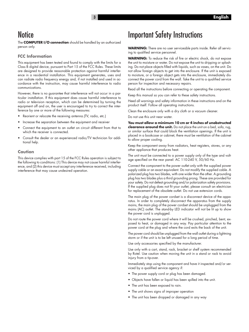 Important safety instructions, Notice | ROTEL DVD Audio/Video Player RDV-1092 User Manual | Page 3 / 32