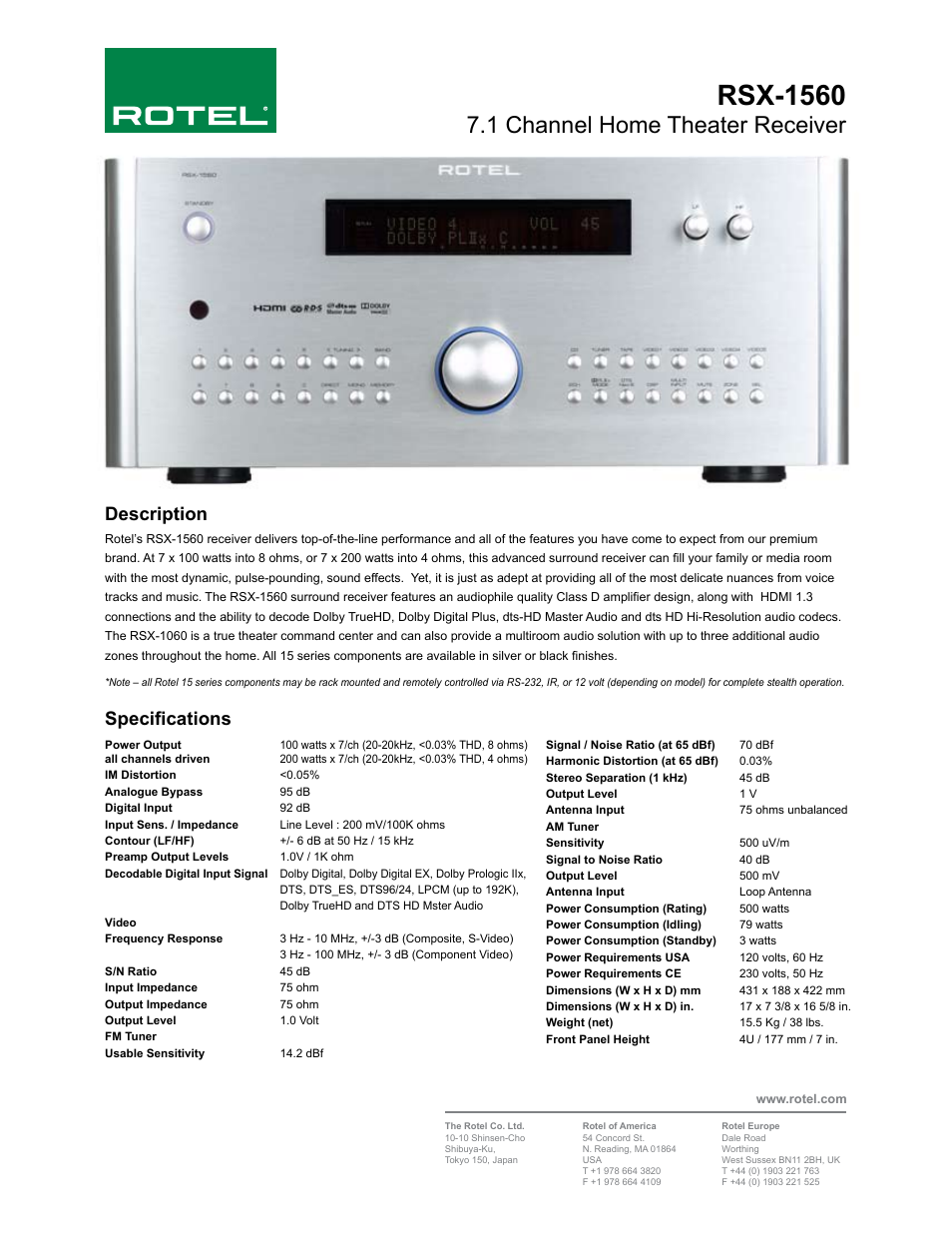 ROTEL RSX-1560 User Manual | 1 page