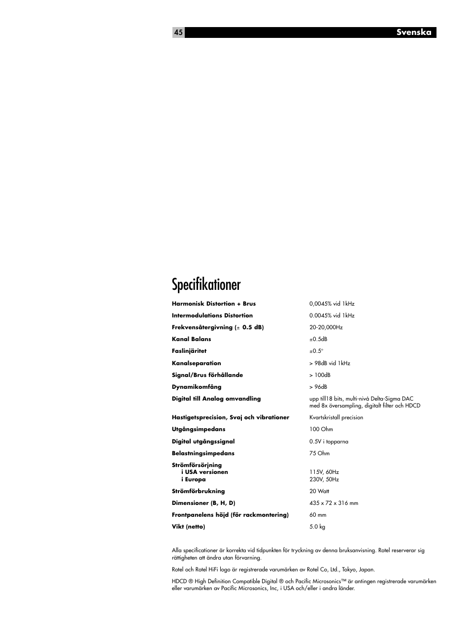 Specifikationer, Svenska | ROTEL RCD-02 User Manual | Page 10 / 11