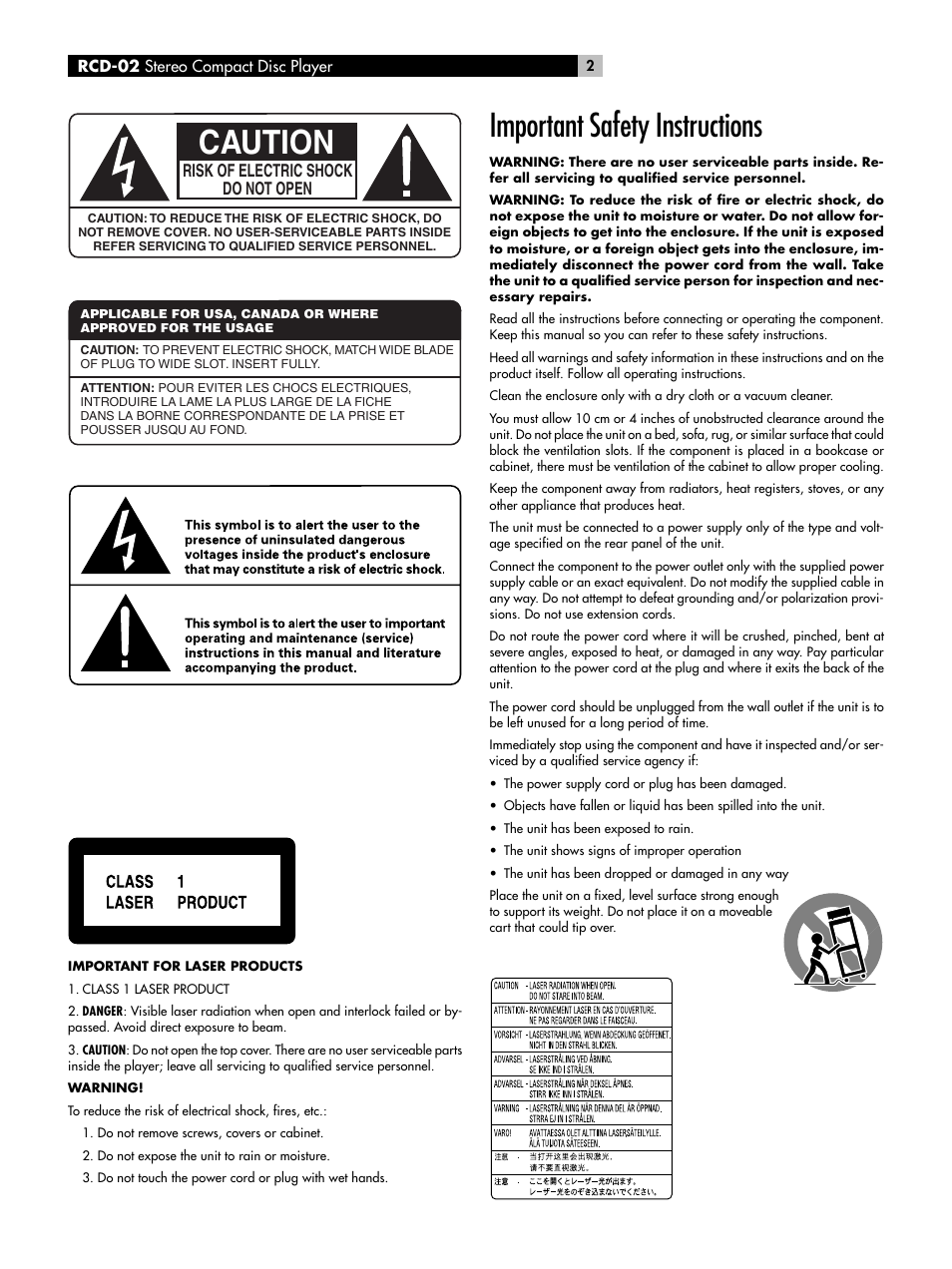 Caution, Important safety instructions | ROTEL RCD-02 User Manual | Page 2 / 11