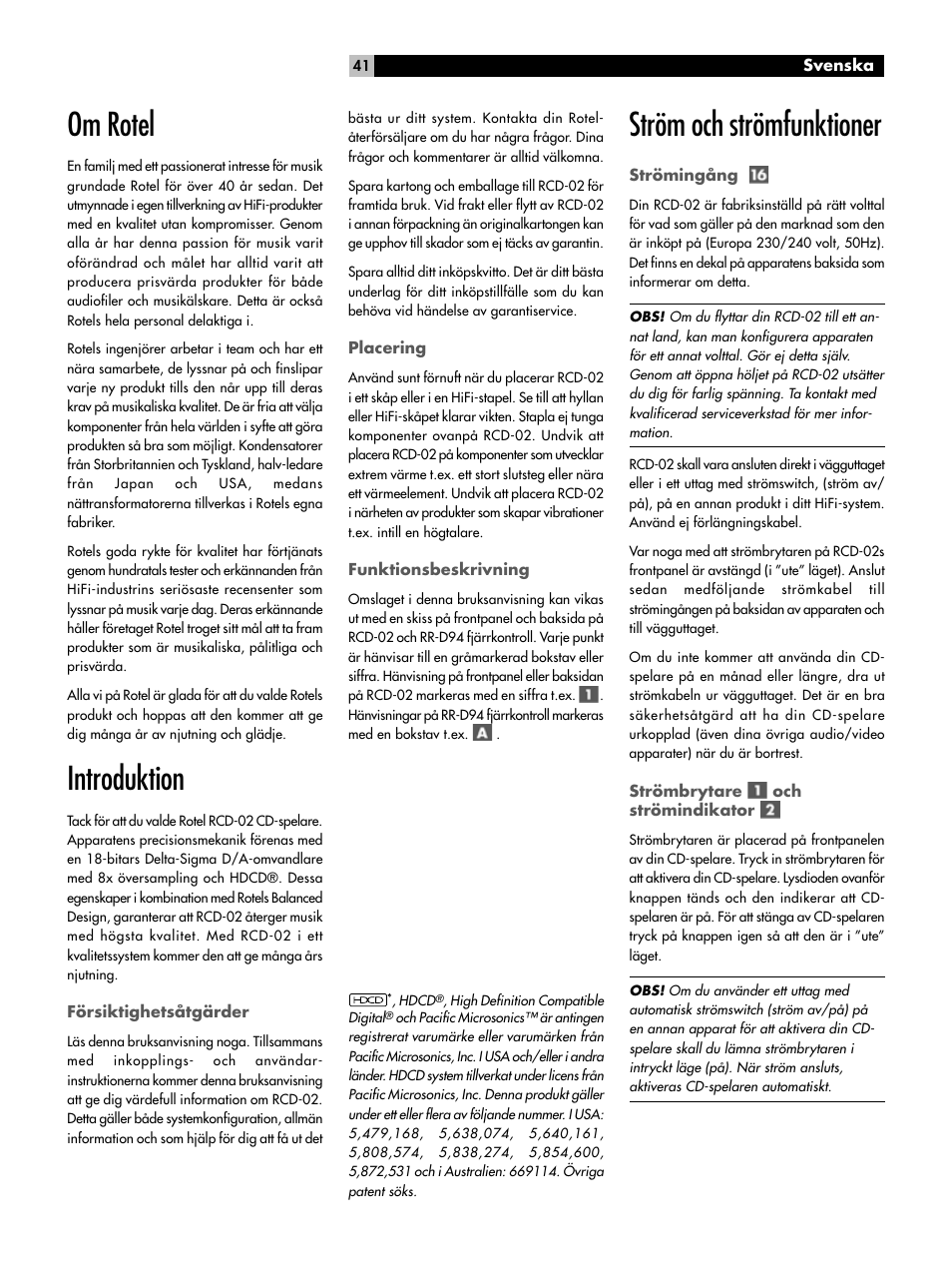 Om rotel, Introduktion, Ström och strömfunktioner | ROTEL RCD-02 User Manual | Page 6 / 11