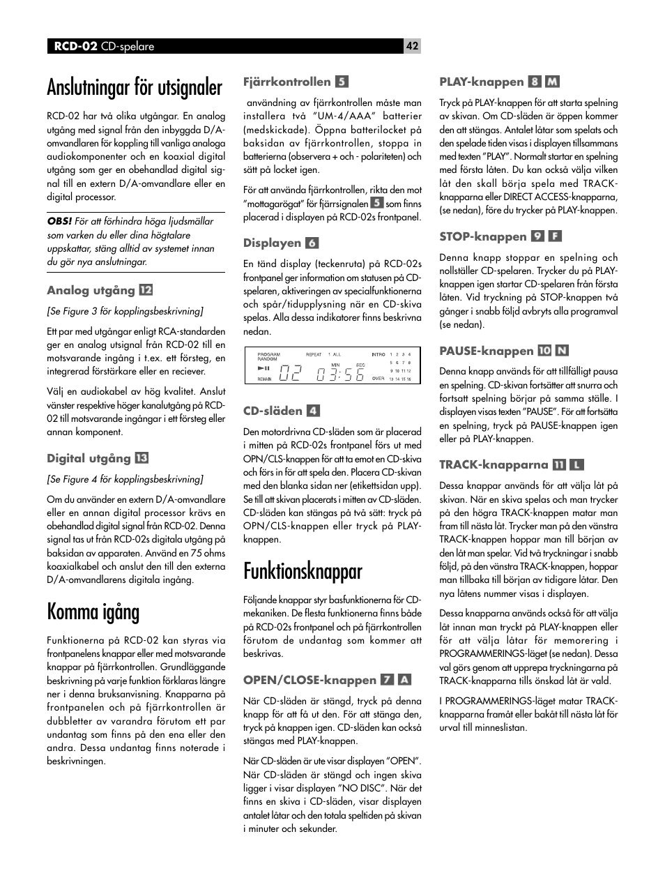 Anslutningar för utsignaler, Komma igång, Funktionsknappar | ROTEL RCD-02 User Manual | Page 7 / 11