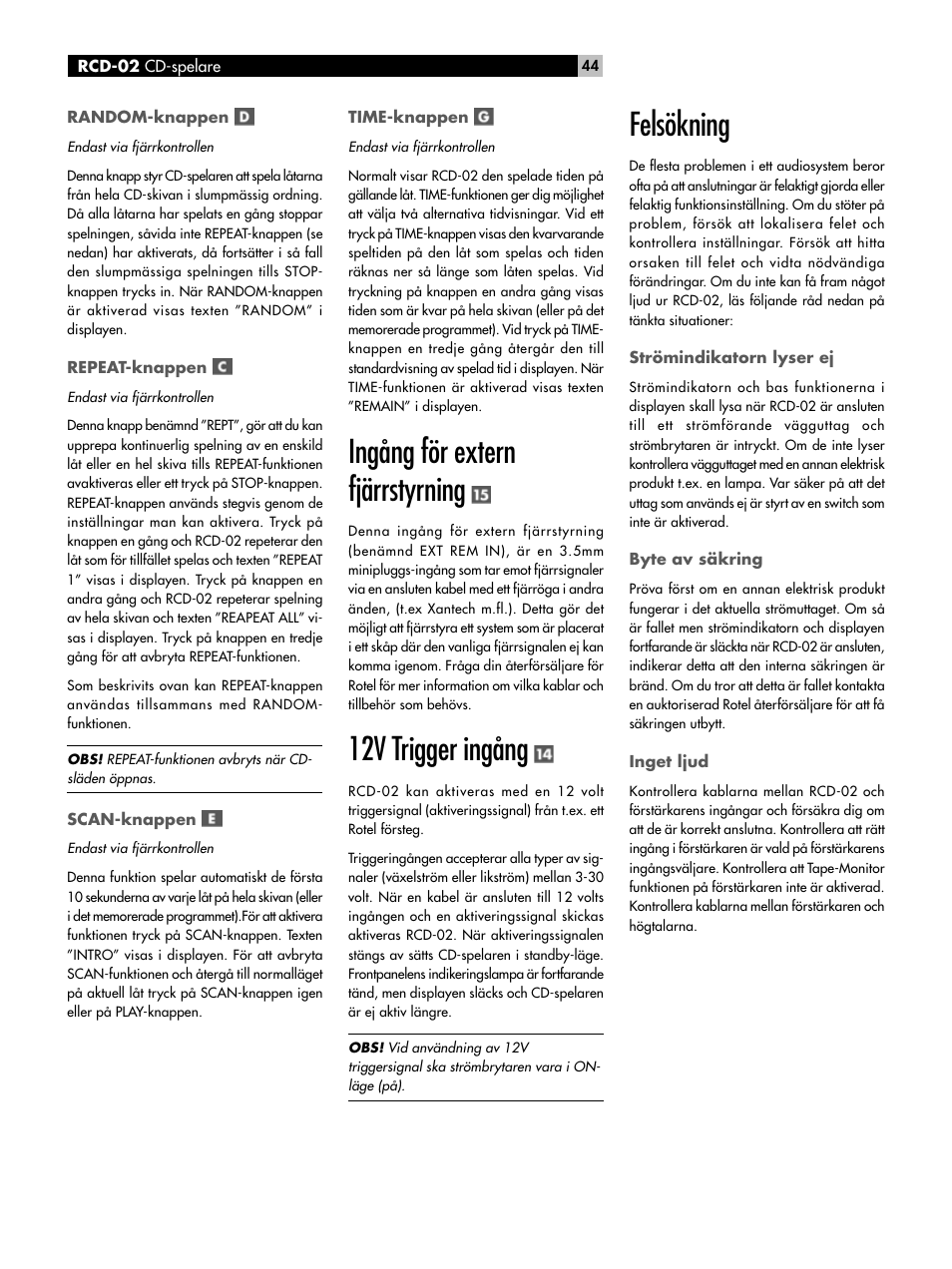 Ingång för extern fjärrstyrning, 12v trigger ingång, Felsökning | ROTEL RCD-02 User Manual | Page 9 / 11