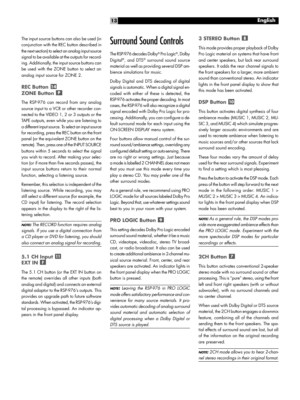 Rec button zone button, 1 ch input ext in, Surround sound controls | Pro logic button, 3 stereo button, Dsp button, 2ch button, Surround sound controls pro logic button | ROTEL Surround Sound Processor RSP-976 User Manual | Page 13 / 56