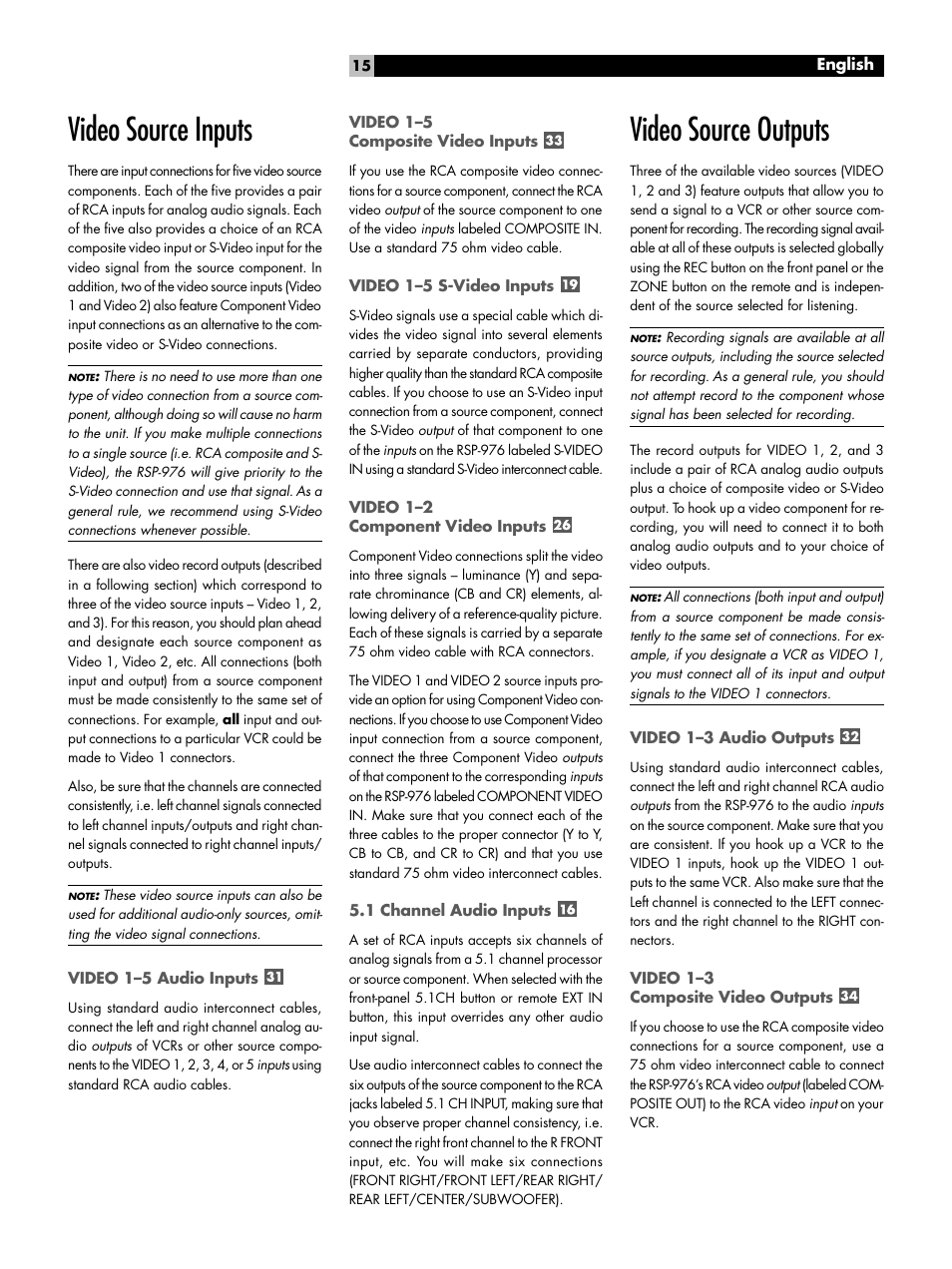 Video source inputs, Video 1-5 audio inputs, Video 1-5 composite video inputs | Video 1-5 s-video inputs, Video 1-2 component video inputs, 1 channel audio inputs, Video source outputs, Video 1-3 audio outputs, Video 1-3 composite video outputs, Video source inputs video 1–5 audio inputs | ROTEL Surround Sound Processor RSP-976 User Manual | Page 15 / 56