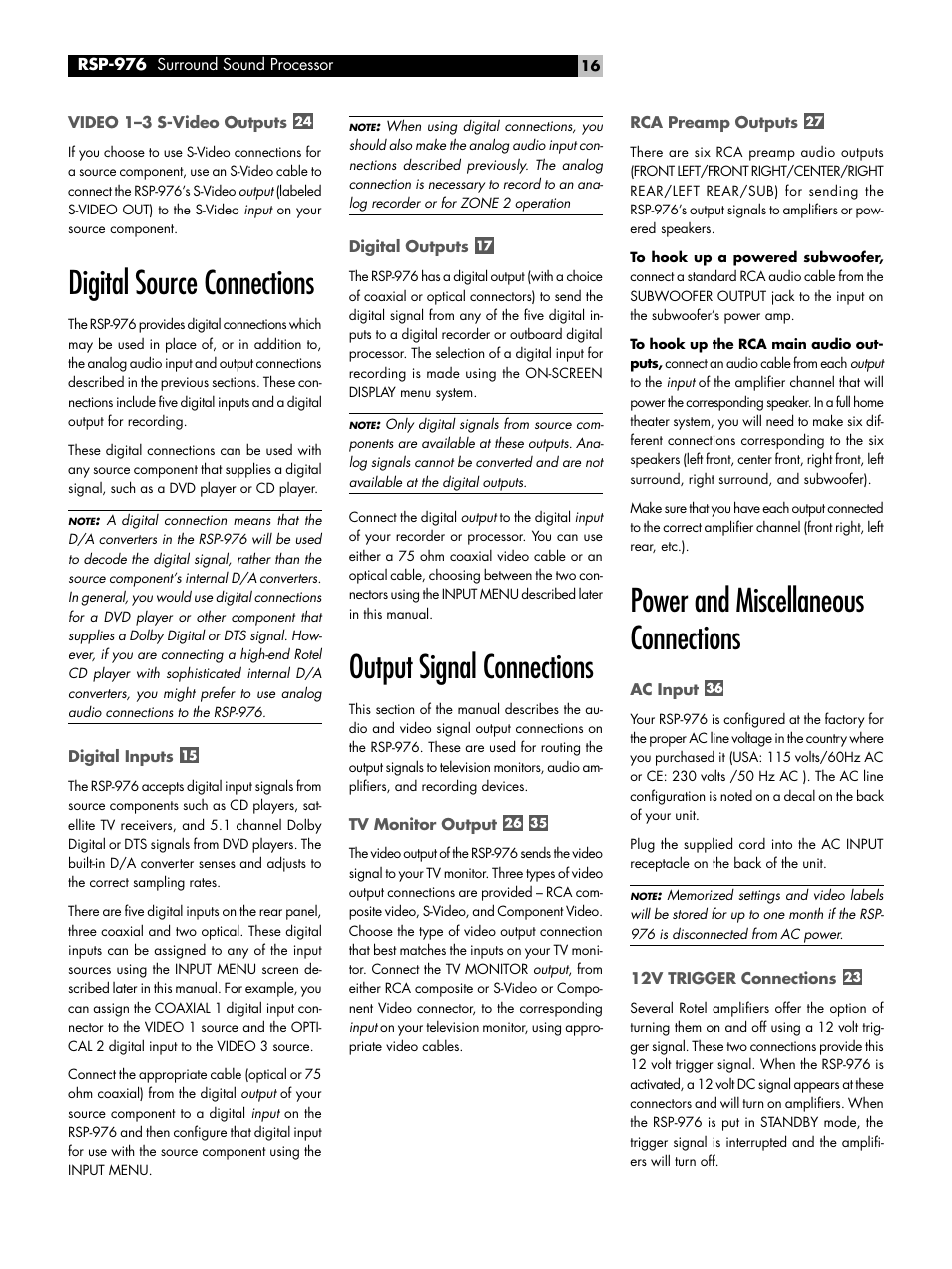 Video 1-3 s-video outputs, Digital source connections, Digital inputs | Digital outputs, Output signal connections, Tv monitor output, Rca preamp outputs, Power and miscellaneous connections, Ac input, 12v trigger connections | ROTEL Surround Sound Processor RSP-976 User Manual | Page 16 / 56