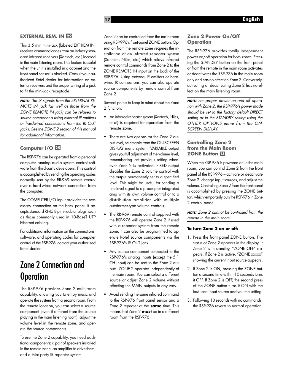 External rem. in, Computer i/o, Zone 2 connection and operation | Zone 2 power on/off operation, Controlling zone 2 from the main room zone button | ROTEL Surround Sound Processor RSP-976 User Manual | Page 17 / 56