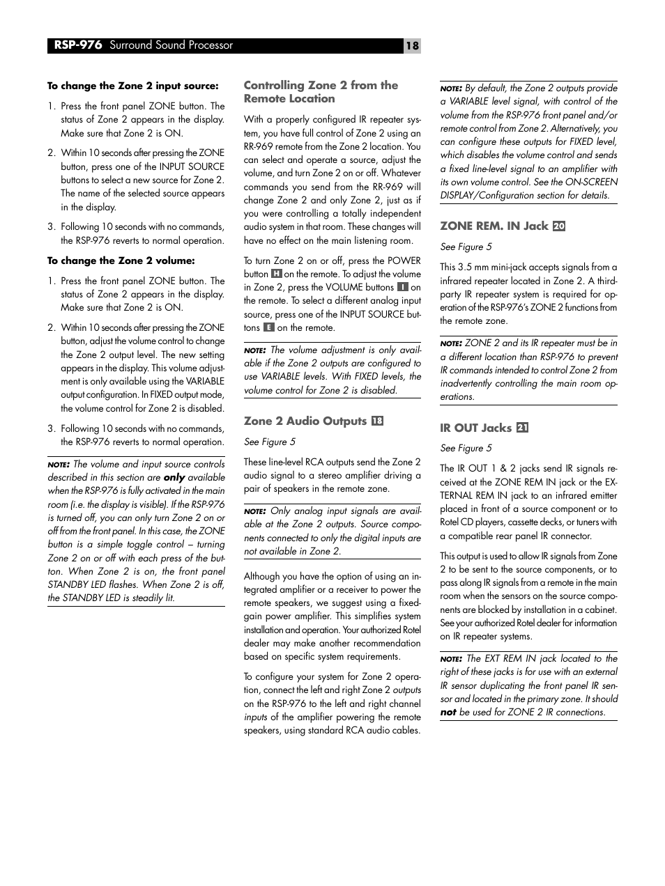 Controlling zone 2 from the remote location, Zone 2 audio outputs, Zone rem. in jack | Ir out jacks | ROTEL Surround Sound Processor RSP-976 User Manual | Page 18 / 56