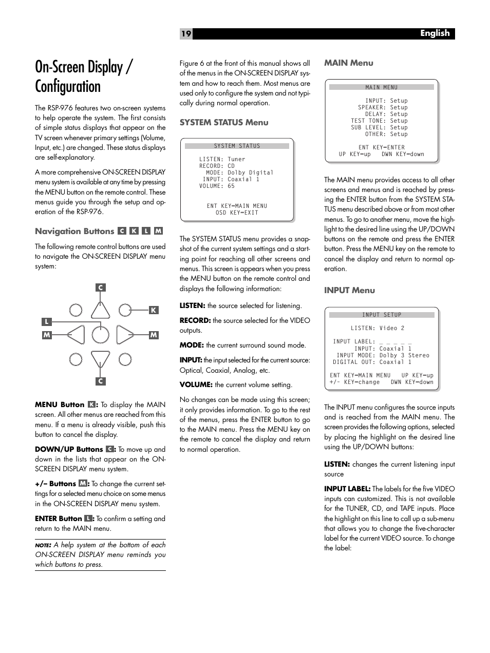 On-screen display / configuration, Navigation buttons, System status menu | Main menu, Input menu | ROTEL Surround Sound Processor RSP-976 User Manual | Page 19 / 56