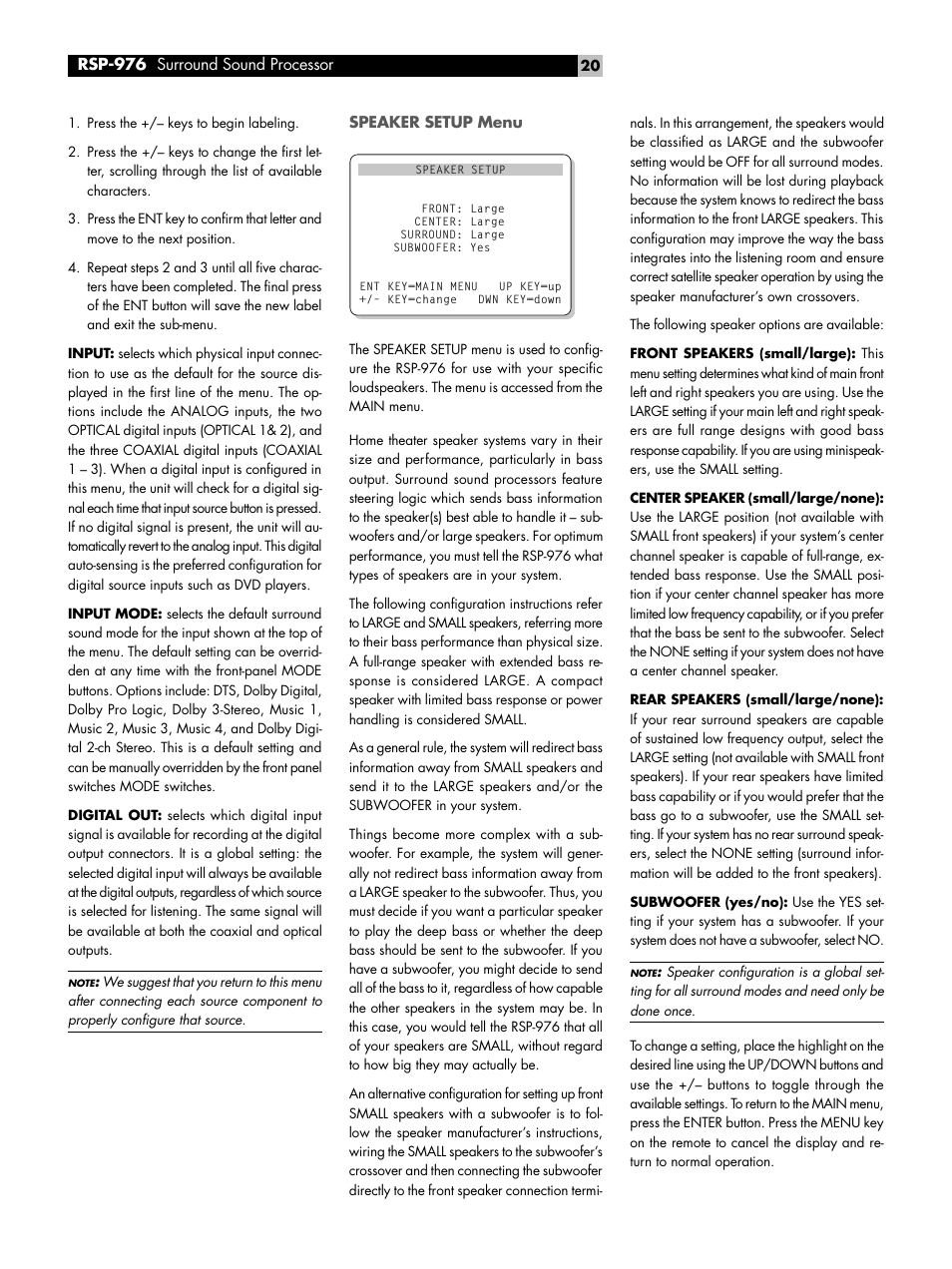 Speaker setup menu | ROTEL Surround Sound Processor RSP-976 User Manual | Page 20 / 56