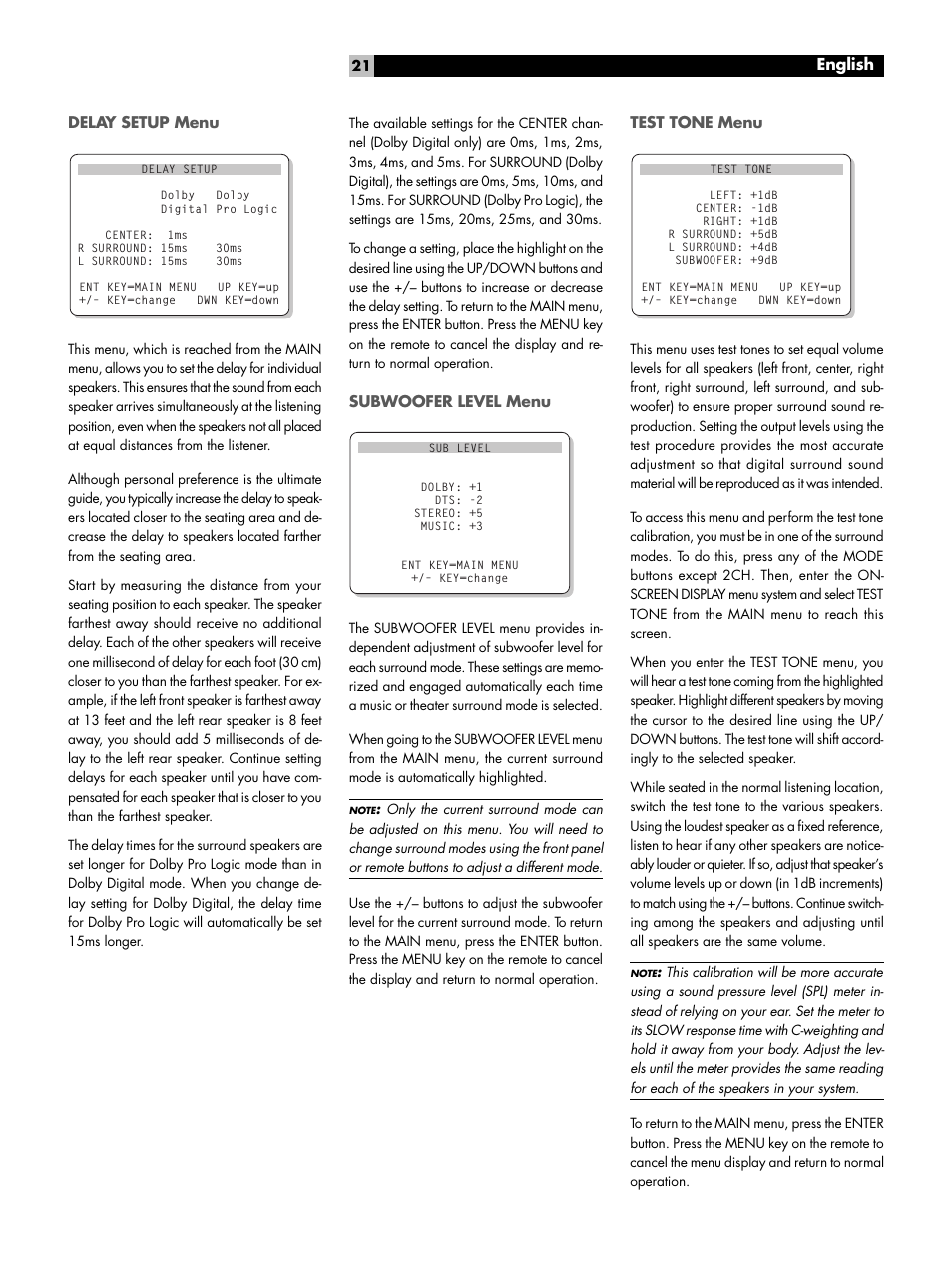 Delay setup menu, Subwoofer level menu, Test tone menu | English | ROTEL Surround Sound Processor RSP-976 User Manual | Page 21 / 56