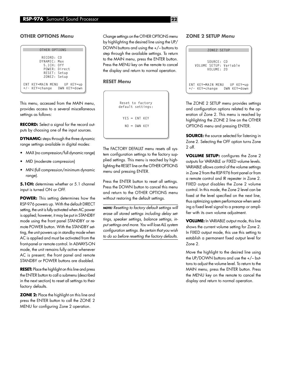 Other options menu, Reset menu, Zone 2 setup menu | ROTEL Surround Sound Processor RSP-976 User Manual | Page 22 / 56