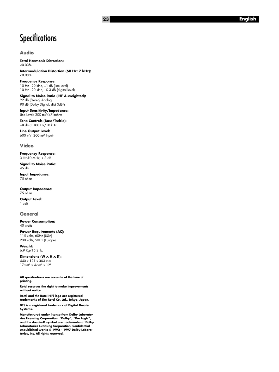 Specifications, Audio, Video | General, Specifications audio, English | ROTEL Surround Sound Processor RSP-976 User Manual | Page 23 / 56