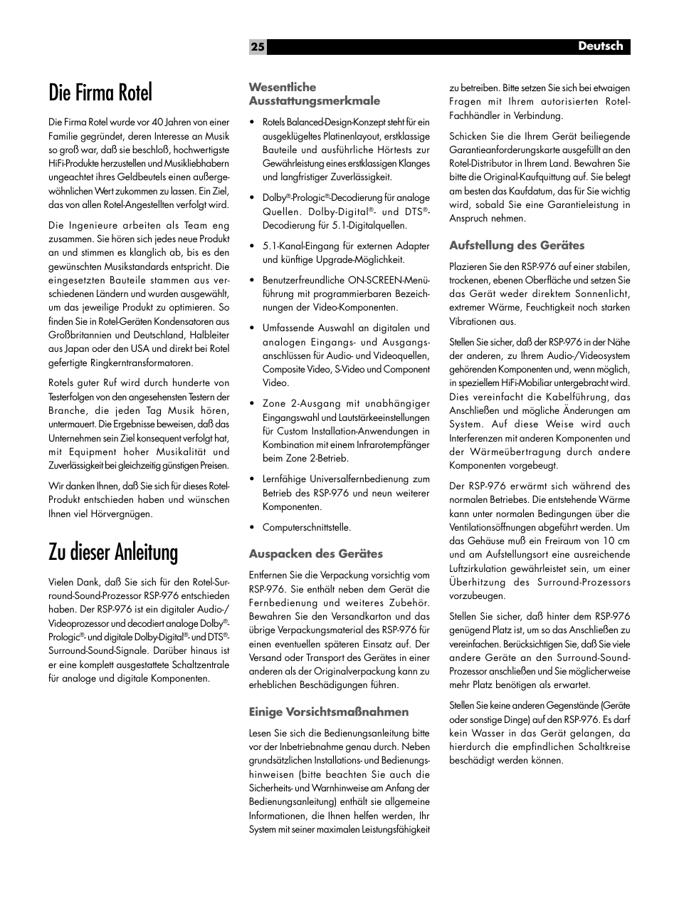 Die firma rotel 25, Die firma rotel, Zu dieser anleitung | ROTEL Surround Sound Processor RSP-976 User Manual | Page 25 / 56