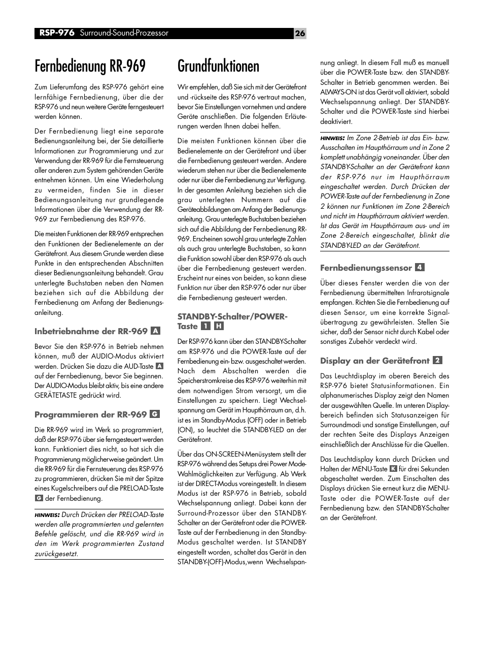 Fernbedienung rr-969, Grundfunktionen | ROTEL Surround Sound Processor RSP-976 User Manual | Page 26 / 56