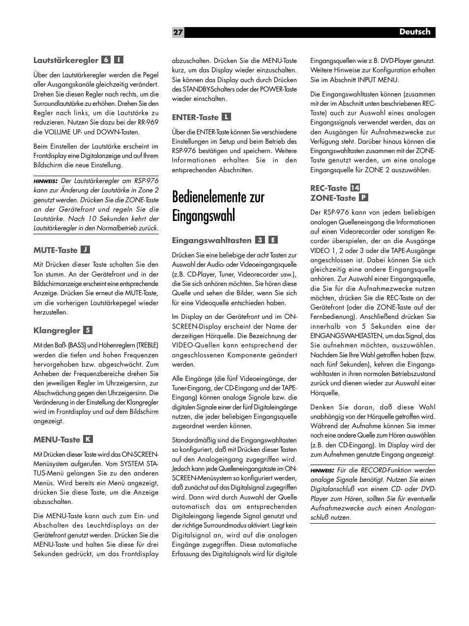 Bedienelemente zur eingangswahl | ROTEL Surround Sound Processor RSP-976 User Manual | Page 27 / 56