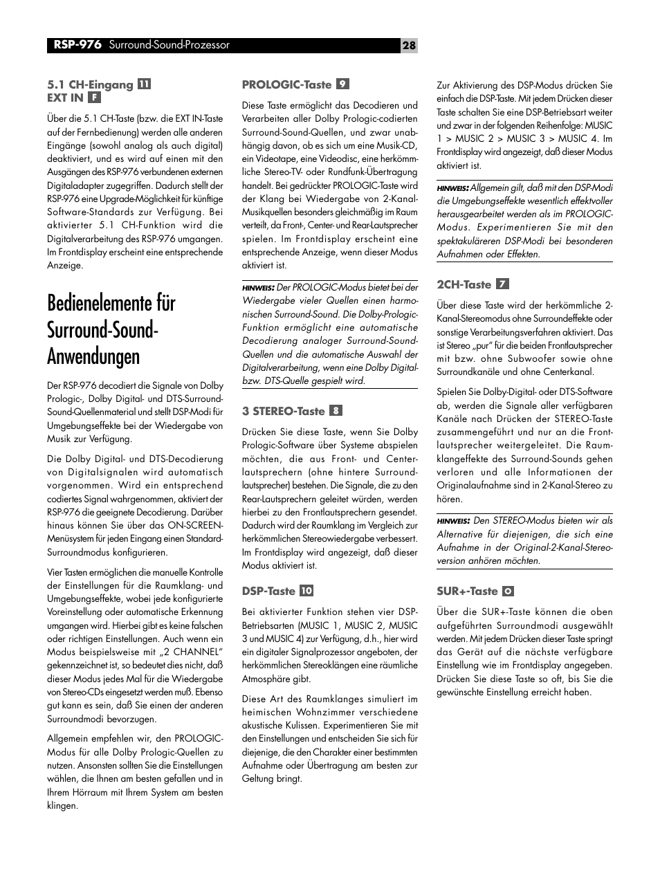 Bedienelemente für surround-sound- anwendungen | ROTEL Surround Sound Processor RSP-976 User Manual | Page 28 / 56