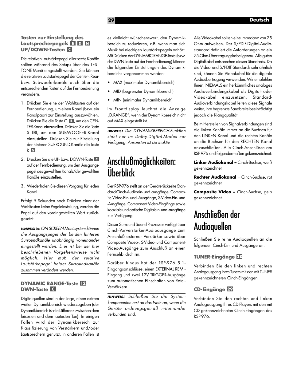 Anschlußmöglichkeiten: überblick, Anschließen der audioquellen | ROTEL Surround Sound Processor RSP-976 User Manual | Page 29 / 56