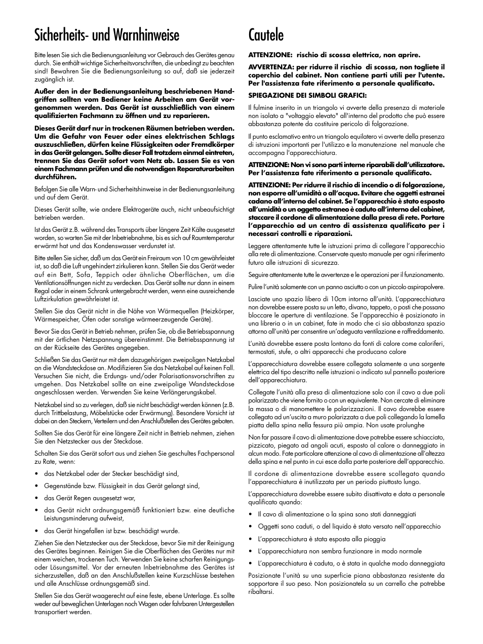 Controls and connections, Sicherheits- und warnhinweise, Cautele | ROTEL Surround Sound Processor RSP-976 User Manual | Page 3 / 56