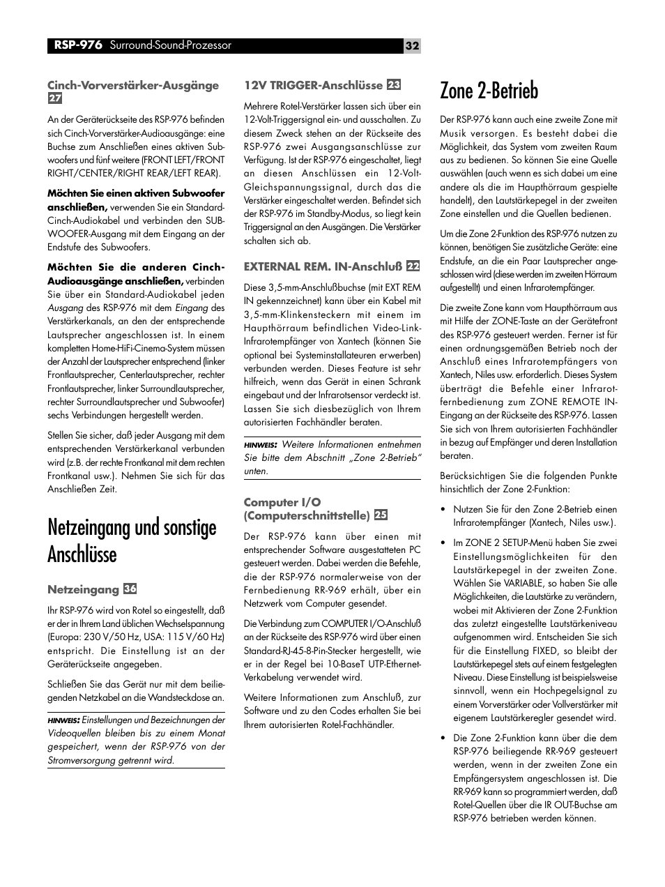 Netzeingang und sonstige anschlüsse, Zone 2-betrieb | ROTEL Surround Sound Processor RSP-976 User Manual | Page 32 / 56