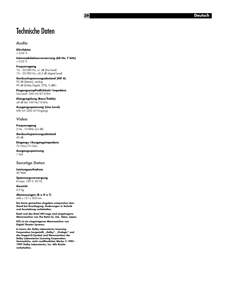 Technische daten, Audio, Video | Sonstige daten, Technische daten audio, Deutsch | ROTEL Surround Sound Processor RSP-976 User Manual | Page 39 / 56