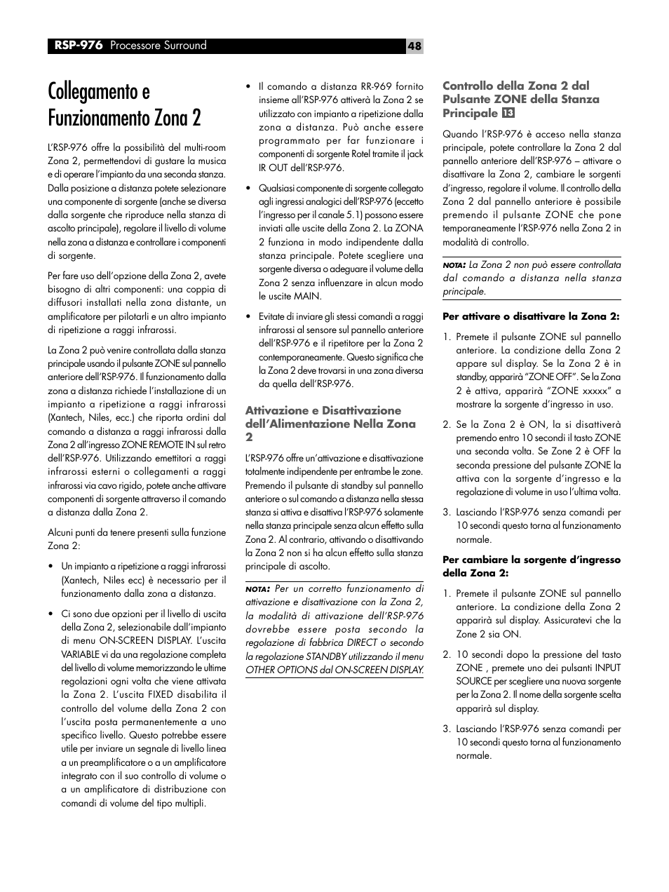 Collegamento e funzionamento zona 2 | ROTEL Surround Sound Processor RSP-976 User Manual | Page 48 / 56