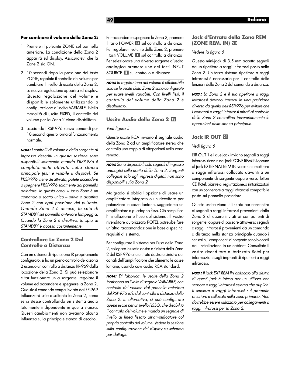 Controllare la zona 2 dal controllo a distanza, Uscite audio della zona 2, Jack d'entrata della zona rem (zone rem. in) | Jack ir out, Jack d’entrata della zona rem (zone rem. in) | ROTEL Surround Sound Processor RSP-976 User Manual | Page 49 / 56
