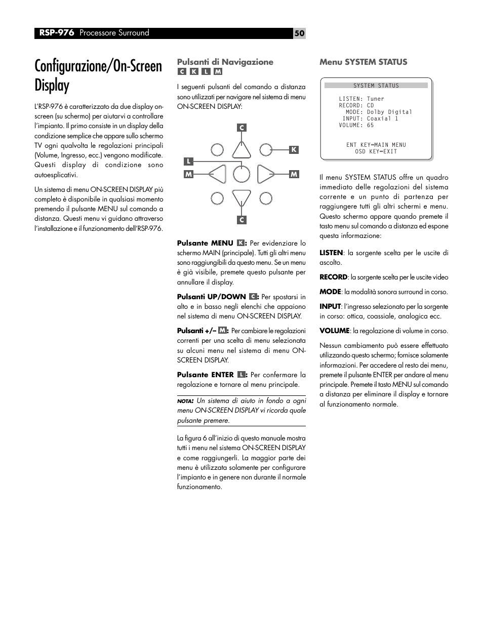 Configurazione/on-screen display, Pulsanti di navigazione, Menu system status | ROTEL Surround Sound Processor RSP-976 User Manual | Page 50 / 56