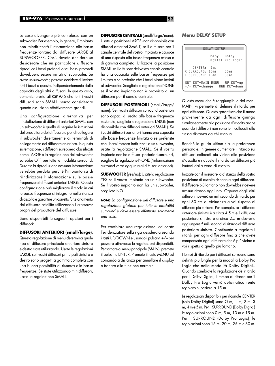 Menu delay setup | ROTEL Surround Sound Processor RSP-976 User Manual | Page 52 / 56