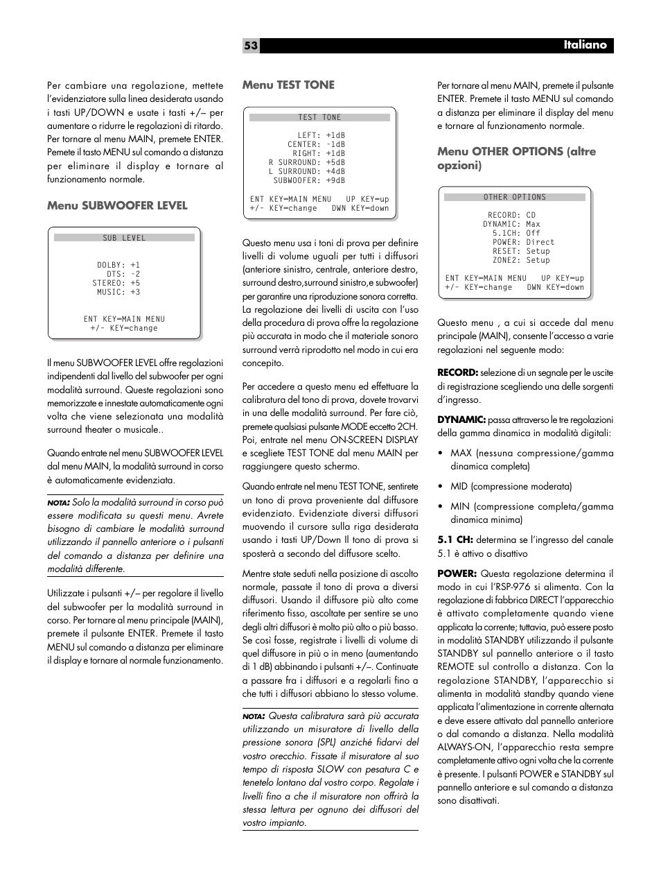 Menu subwoofer level, Menu test tone, Menu other options (altre opzioni) | ROTEL Surround Sound Processor RSP-976 User Manual | Page 53 / 56