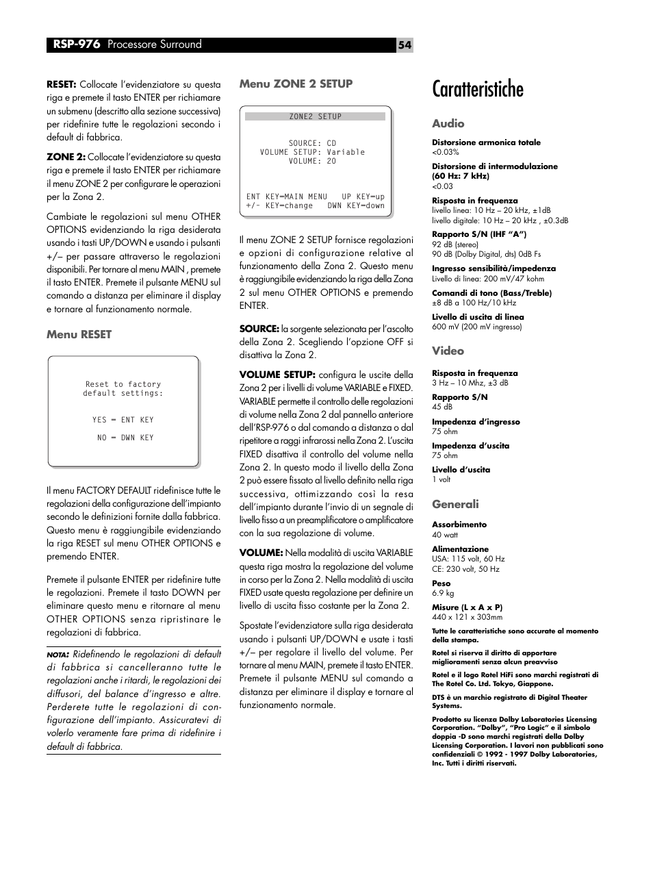 Menu reset, Menu zone 2 setup, Caratteristiche | Audio, Video, Generali, Caratteristiche audio, Rsp-976 processore surround | ROTEL Surround Sound Processor RSP-976 User Manual | Page 54 / 56