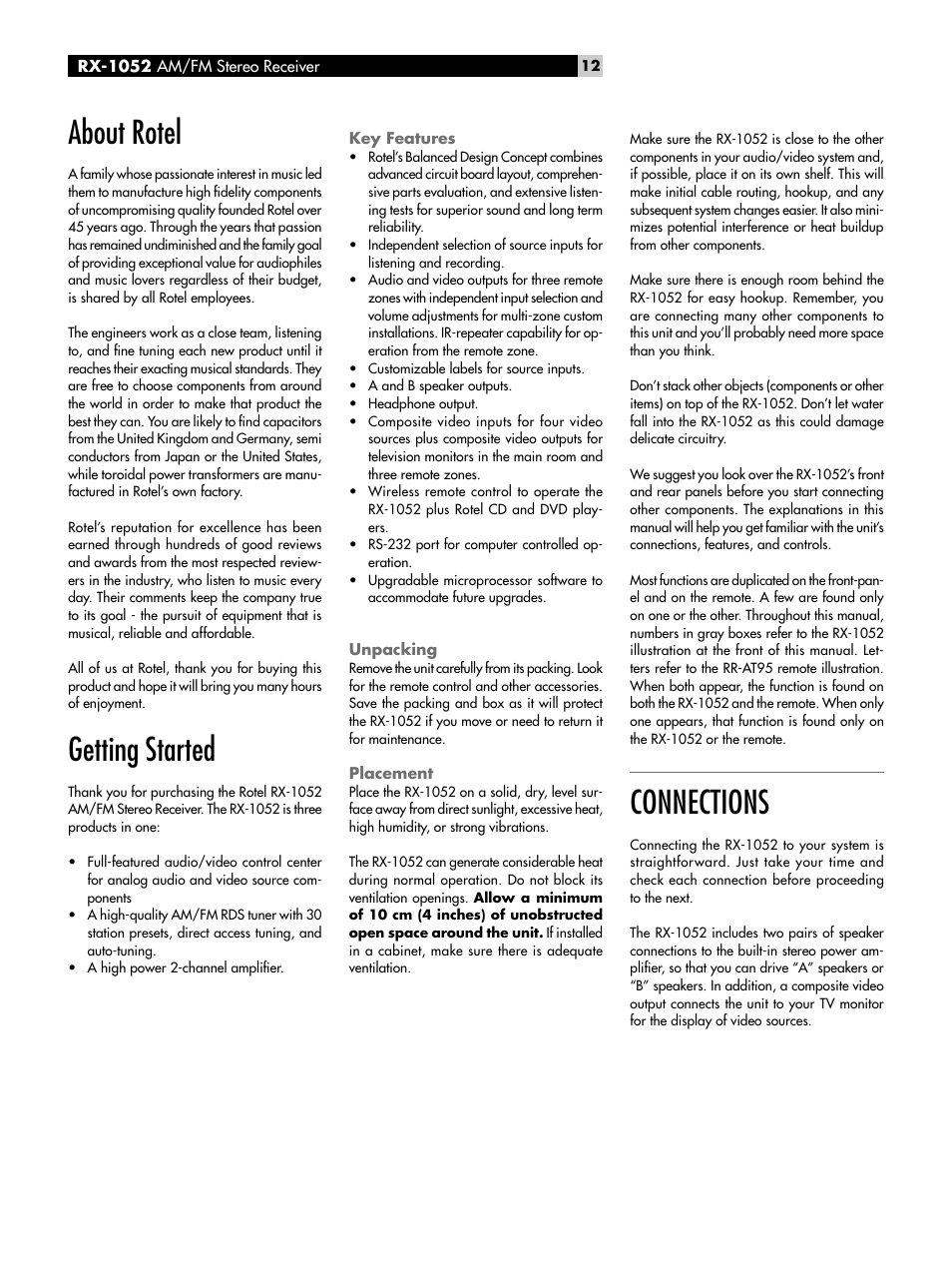 About rotel, Getting started, Key features | Unpacking, Placement, Connections | ROTEL RX-1052 User Manual | Page 12 / 85