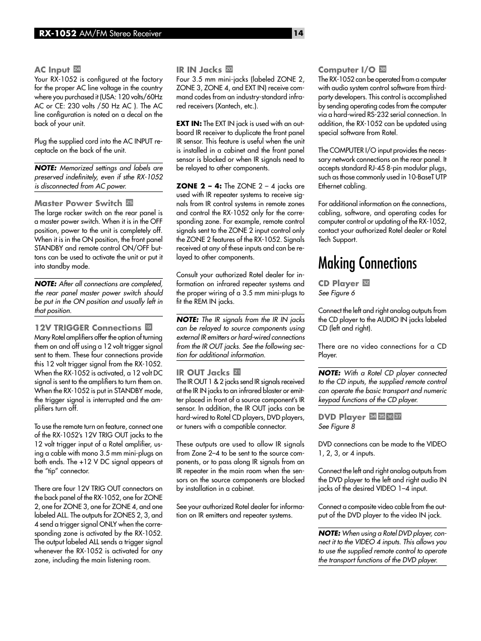 Ac input, Master power switch, 12v trigger connections u | Ir in jacks i, Ir out jacks o, Computer i/o x, Making connections, Cd player j, Dvd player l;￼z, 12v trigger connections | ROTEL RX-1052 User Manual | Page 14 / 85