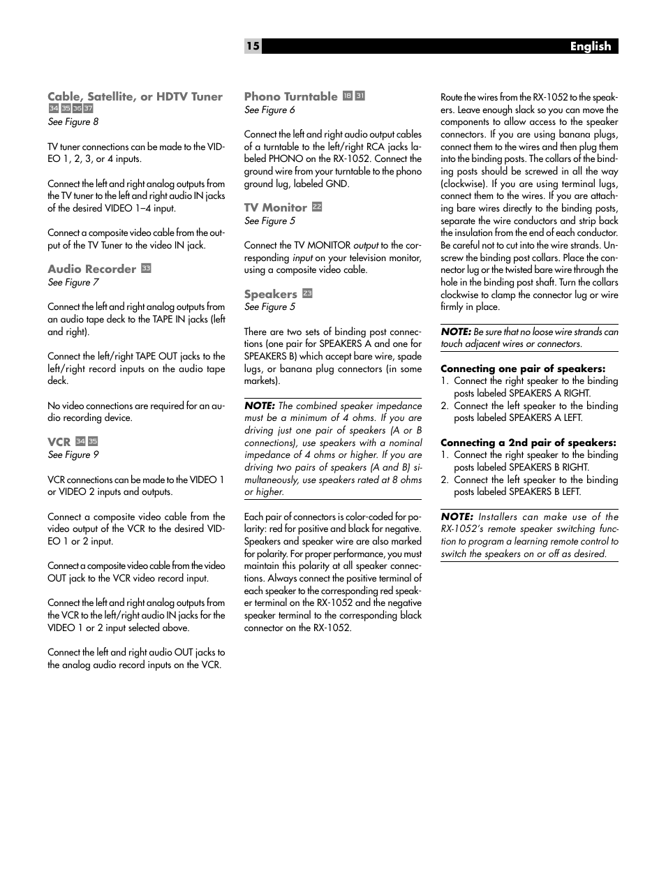 Cable, satellite, or hdtv tuner l;￼z, Audio recorder k, Vcr l | Phono turntable yh, Tv monitor p, Speakers, Cable, satellite, or hdtv tuner, L; z, Audio recorder, Phono turntable | ROTEL RX-1052 User Manual | Page 15 / 85