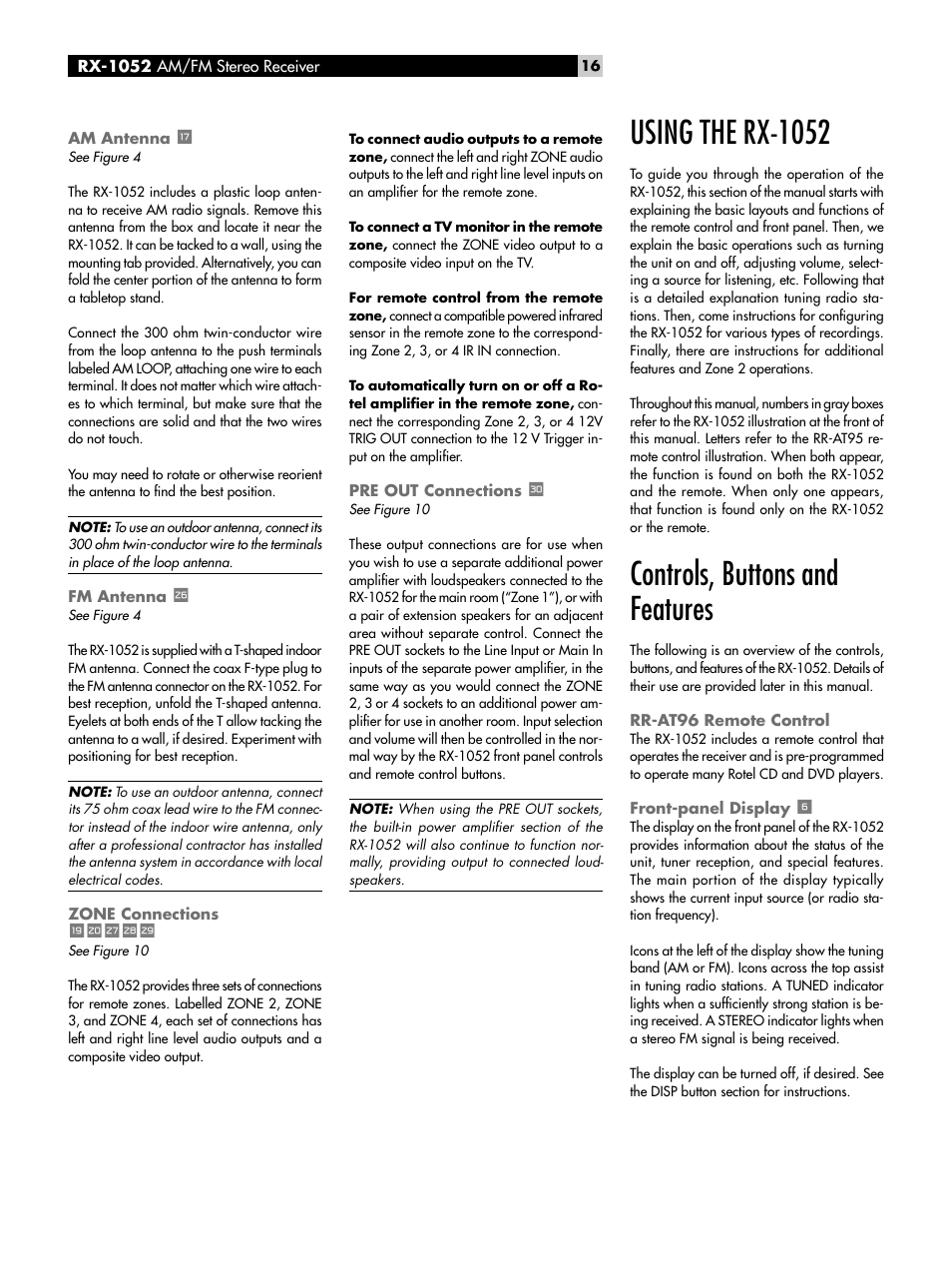 Am antenna t, Fm antenna a, Zone connections uisdf | Pre out connections g, Controls, buttons and features, Rr-at96 remote control, Front-panel display 6, Am antenna, Fm antenna, Zone connections | ROTEL RX-1052 User Manual | Page 16 / 85