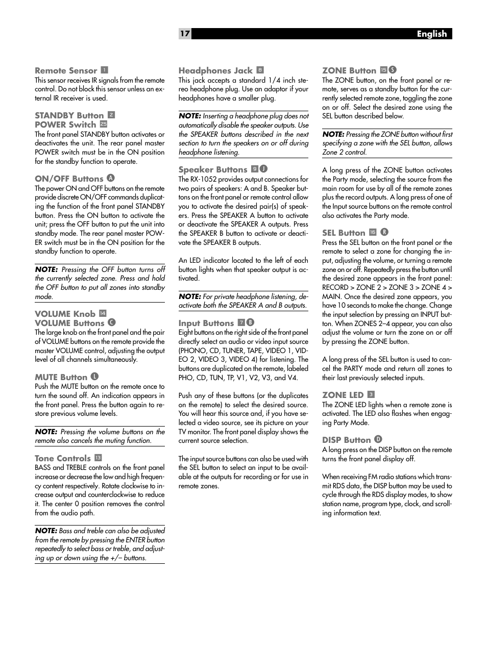 Remote sensor 1, Standby button 2power switch, On/off buttons a | Volume knob wvolume buttons c, Mute button l, Tone controls q, Headphones jack 8, Speaker buttons 9j, Input buttons 7b, Zone button es | ROTEL RX-1052 User Manual | Page 17 / 85