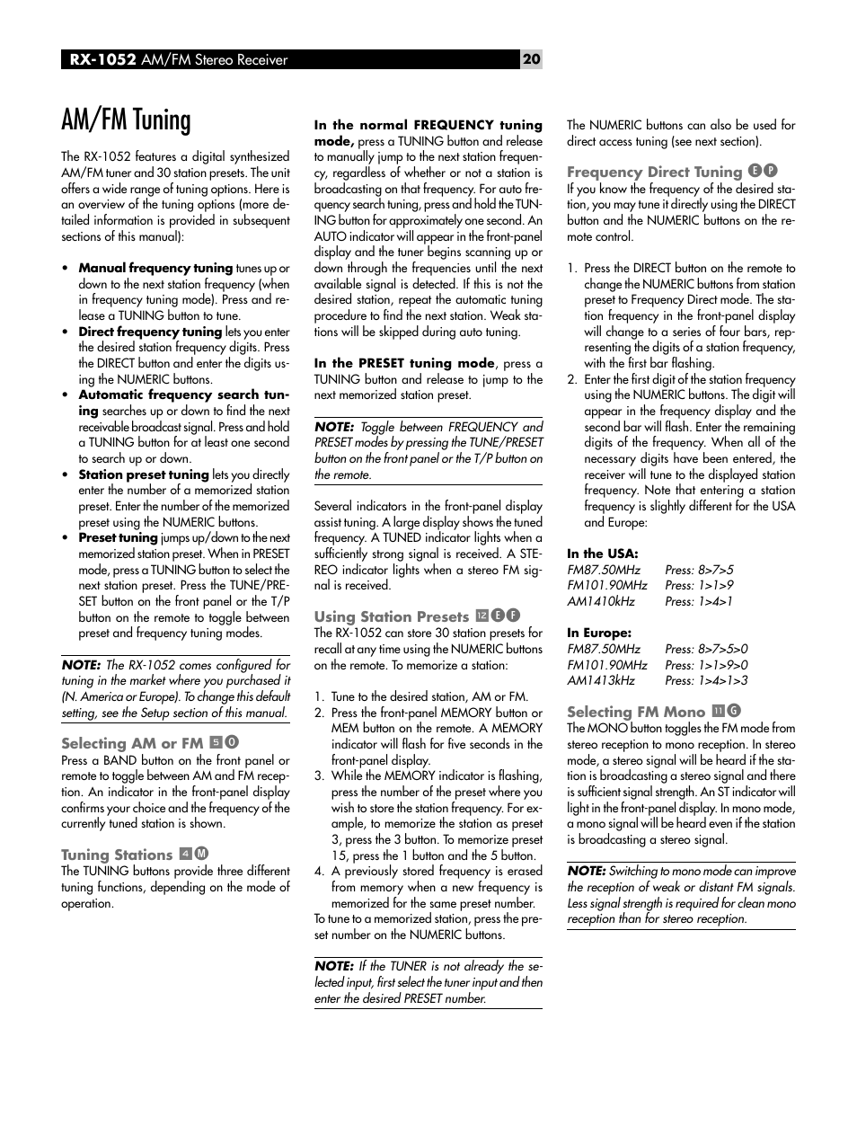 Am/fm tuning, Selecting am or fm 5o, Tuning stations 4m | Using station presets =ef, Frequency direct tuning ep, Selecting fm mono -g, Selecting am or fm, Tuning stations, Using station presets, Frequency direct tuning | ROTEL RX-1052 User Manual | Page 20 / 85