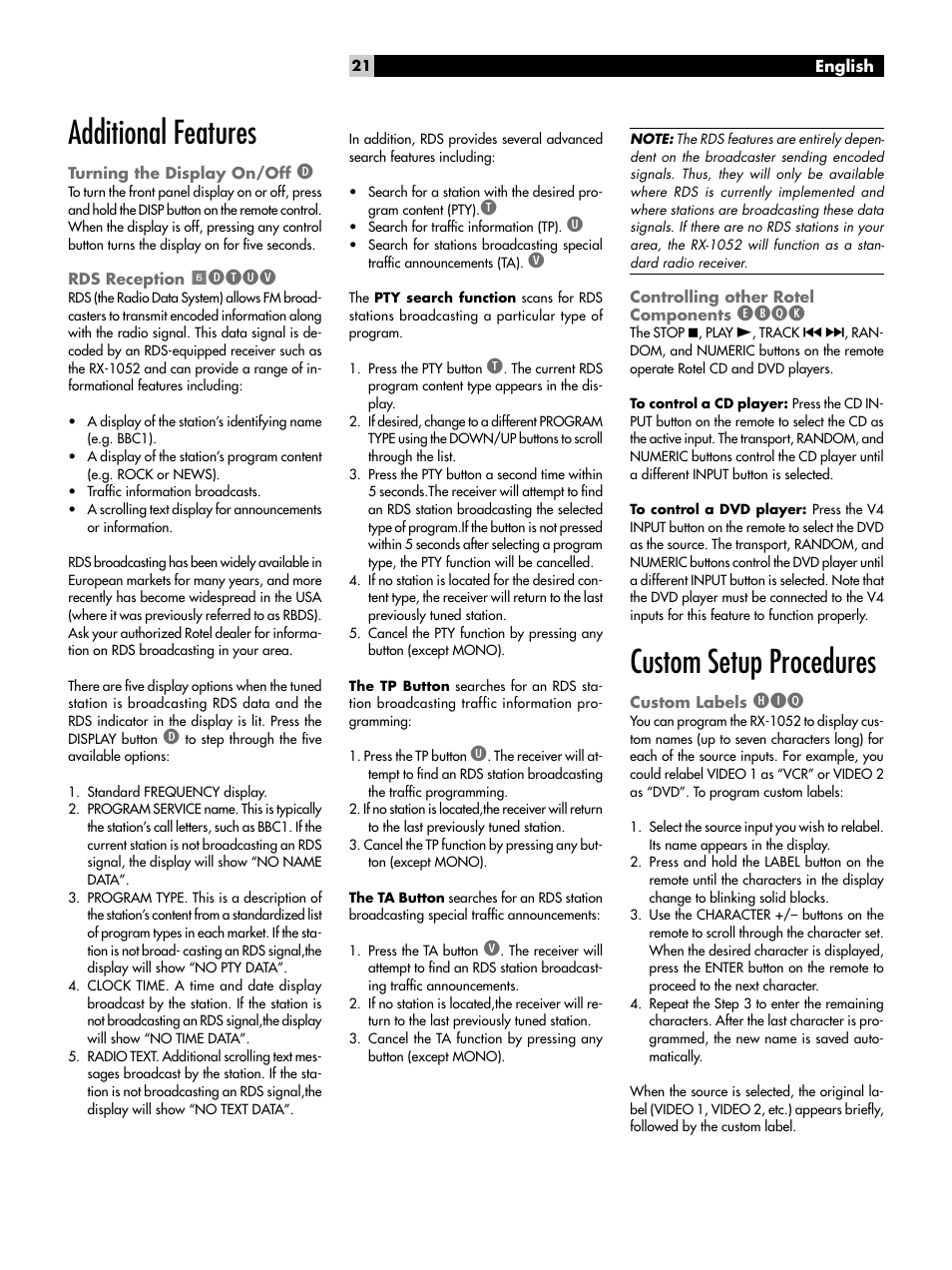 Additional features, Turning the display on/off d, Rds reception 6dtuv | Controlling other rotel components ebqk, Custom setup procedures, Custom labels hiq, Turning the display on/off, Rds reception, Dtuv, Controlling other rotel components | ROTEL RX-1052 User Manual | Page 21 / 85