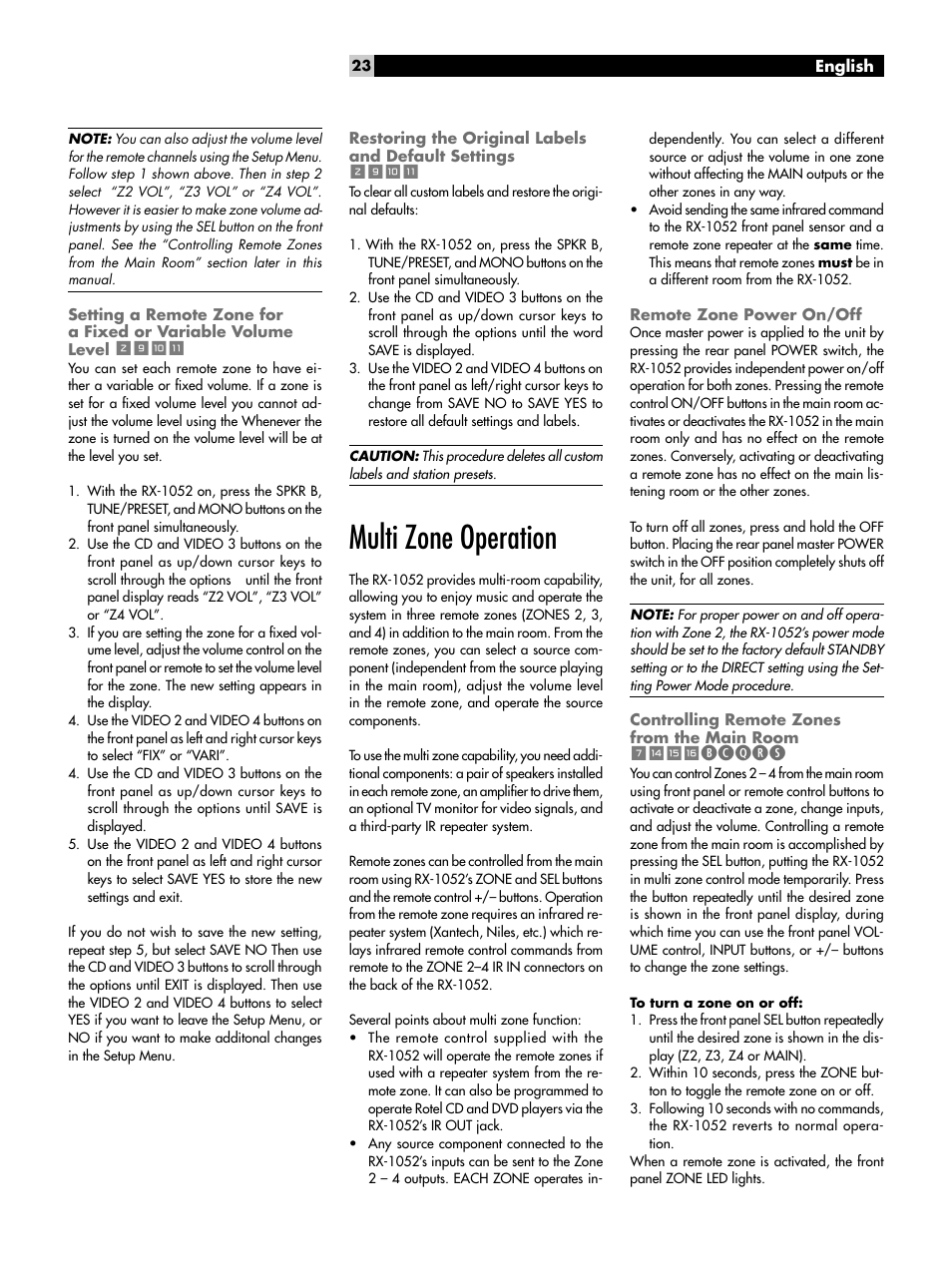 Multi zone operation, Remote zone power on/off, Setting a remote zone for a fixed or variable | Volume level, Restoring the original labels and default settings, Controlling remote zonesfrom the main, Room, 7wer, Bcqrs | ROTEL RX-1052 User Manual | Page 23 / 85