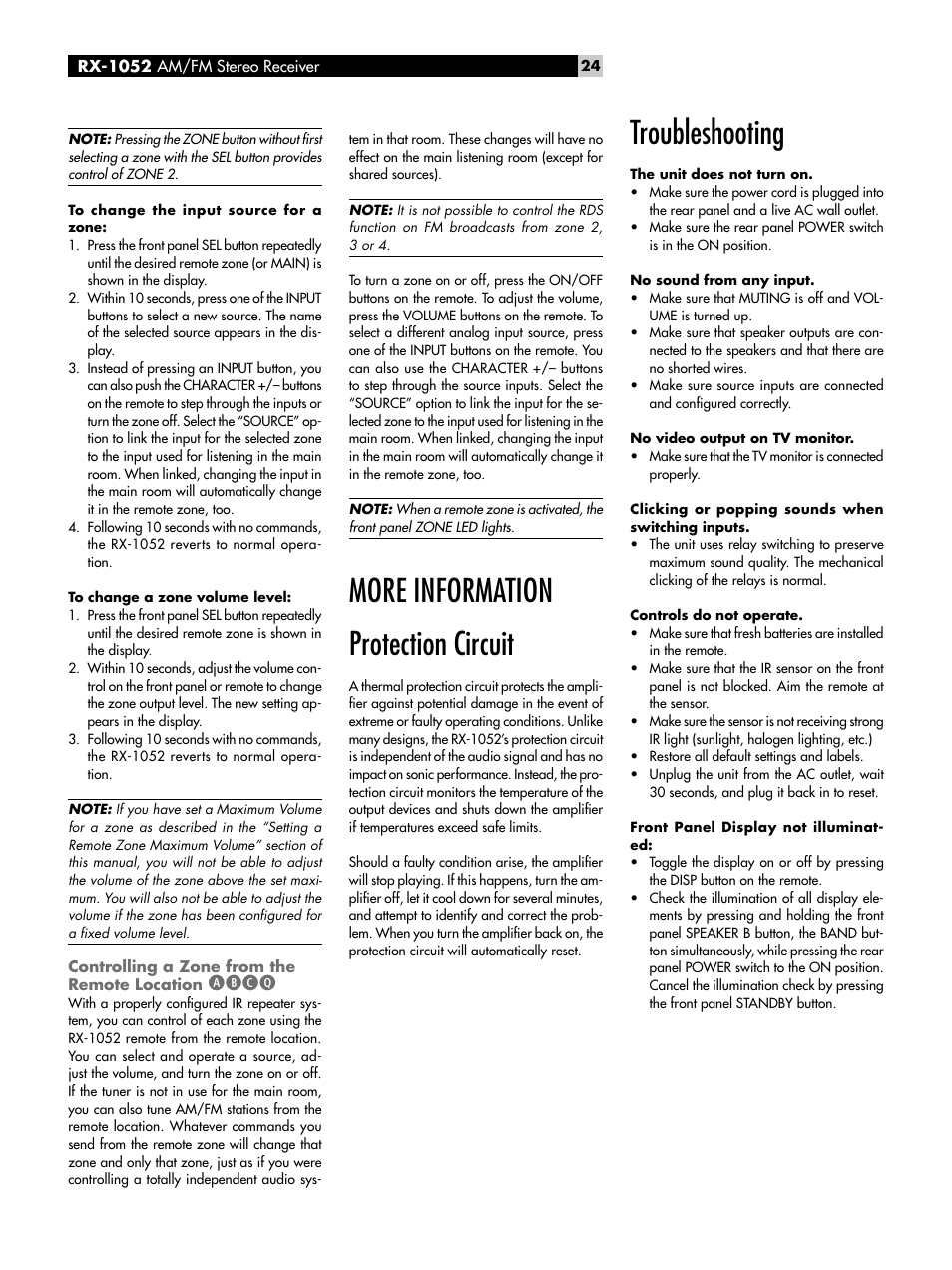 Controlling a zone from the remote location abcq, Protection circuit, Troubleshooting | Controlling a zone from the remote location, Abcq, More information protection circuit | ROTEL RX-1052 User Manual | Page 24 / 85