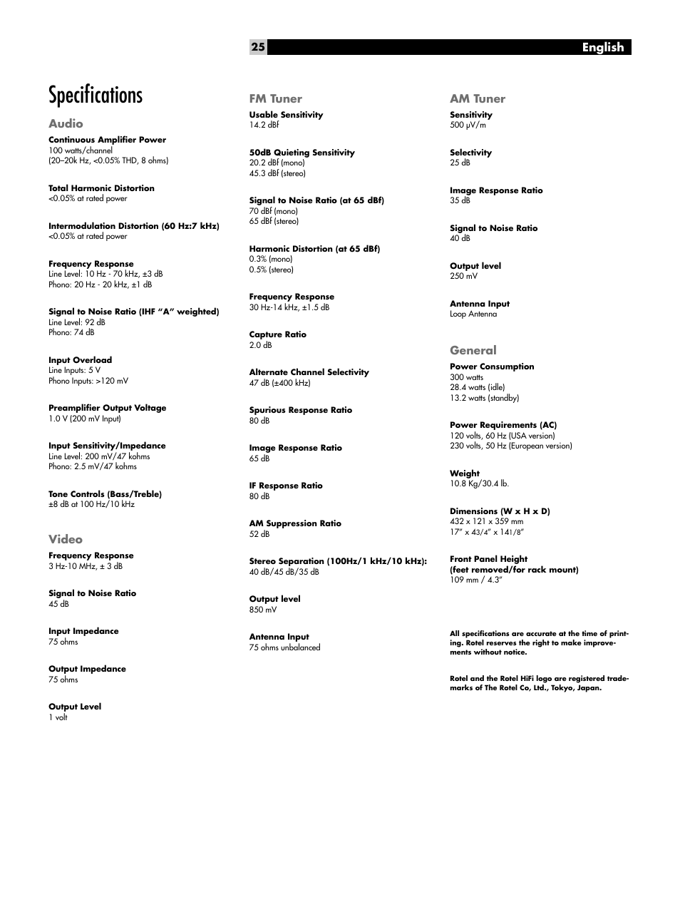 Specifications, Audio, Video | Fm tuner, Am tuner, General, Speciﬁcations, English | ROTEL RX-1052 User Manual | Page 25 / 85