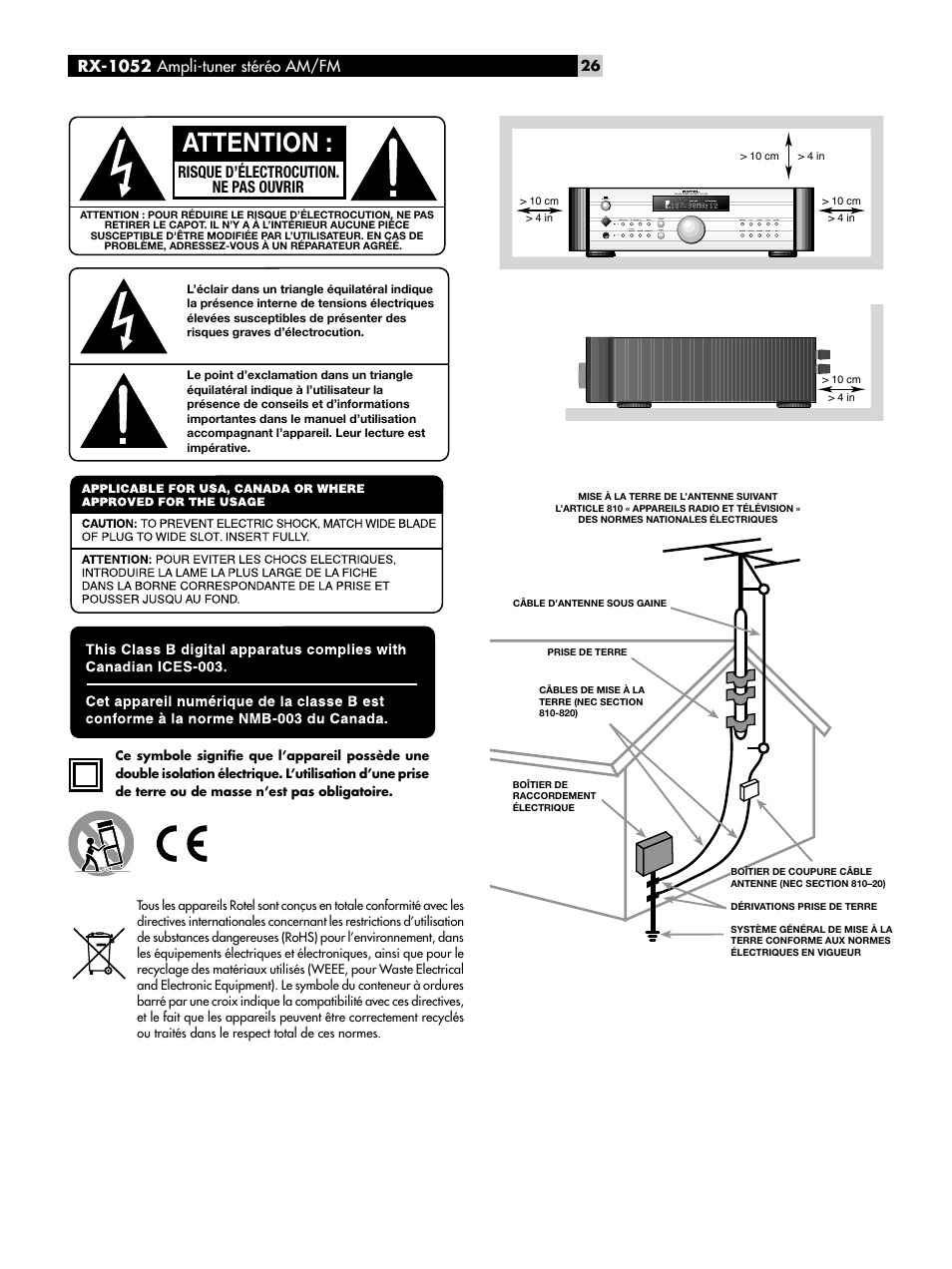 Attention, Rx-1052 ampli-tuner stéréo am/fm, Risque d’électrocution. ne pas ouvrir | ROTEL RX-1052 User Manual | Page 26 / 85