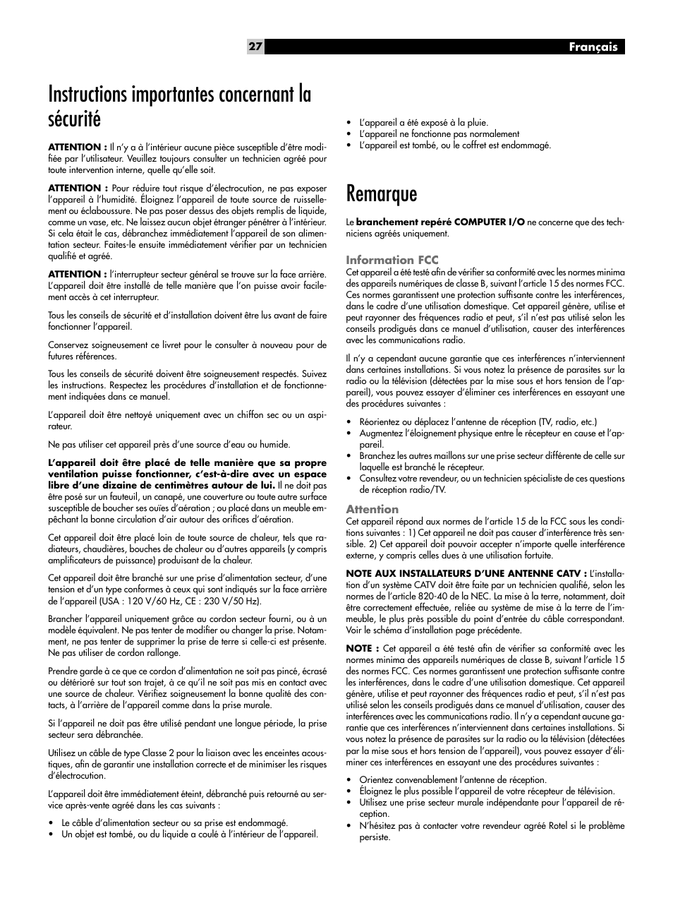 Instructions importantes concernant la sécurité, Remarque, Information fcc | Attention | ROTEL RX-1052 User Manual | Page 27 / 85